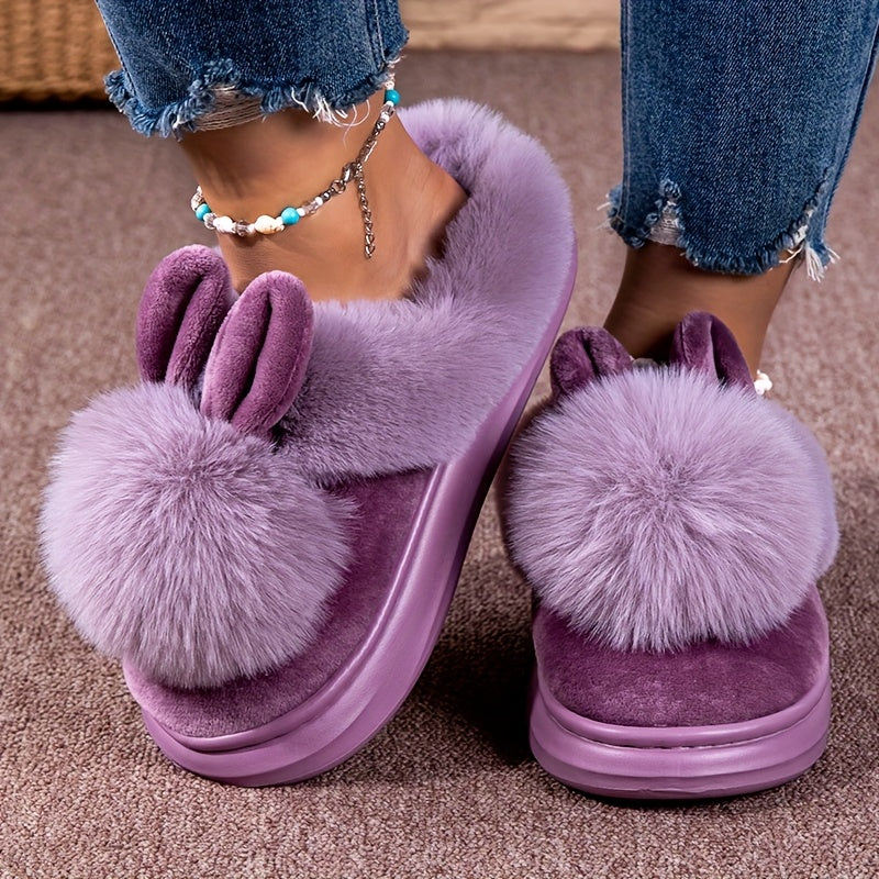 Women's Plush Bunny Ears Slippers Gray Indoor Outdoor Cozy Footwear