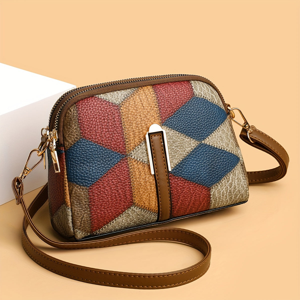 Women's Colorblock Crossbody Bag with Retro Rhombus Pattern PU Zipper Adjustable Strap