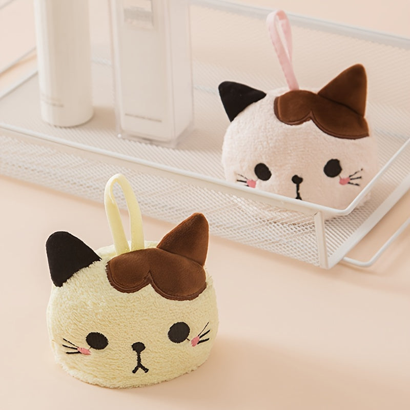 Coral Fleece Hand Towel Embroidered Cat Design Absorbent Kitchen Bathroom Use