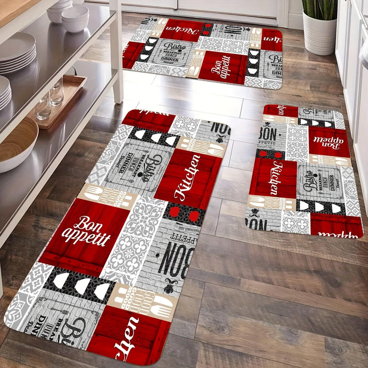 Red Stitching Plaid Kitchen Floor Mat Non-slip Door Rug 1cm Thick Corridor Decor