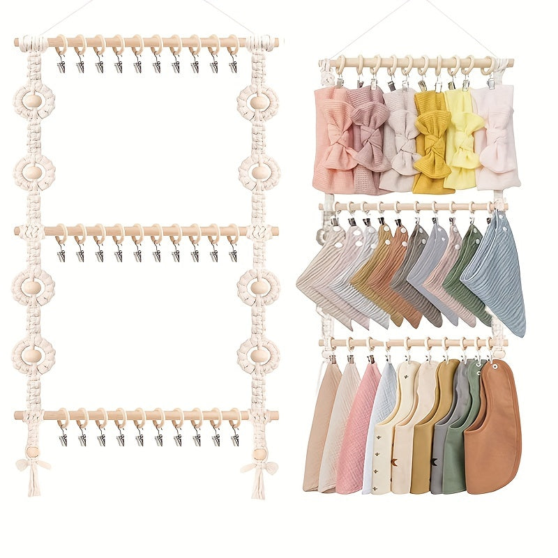 Set of 30 Wooden Wall Hooks with Bohemian Lace Barrettes for Hair and Burp Cloth Storage