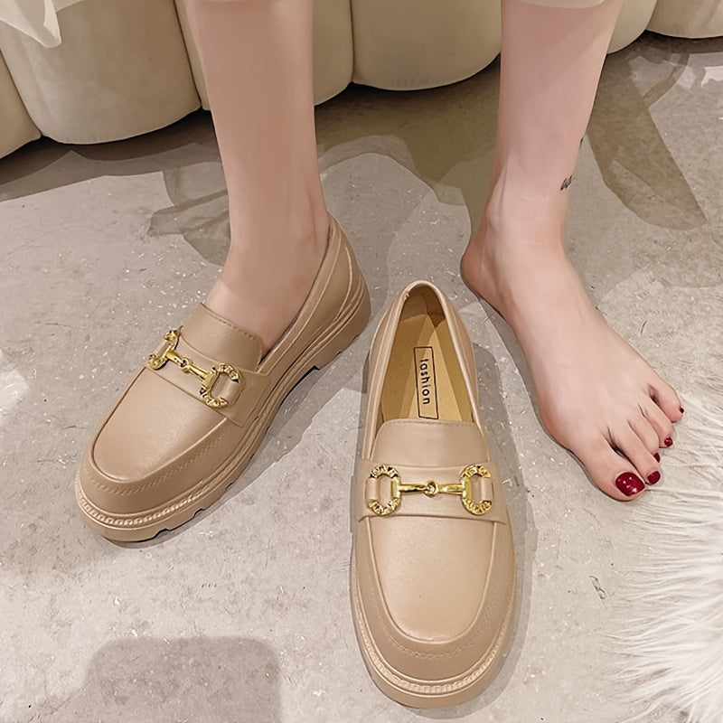Women's Loafers with Metallic Buckle Straps Casual Beige and Black TPU Shoes