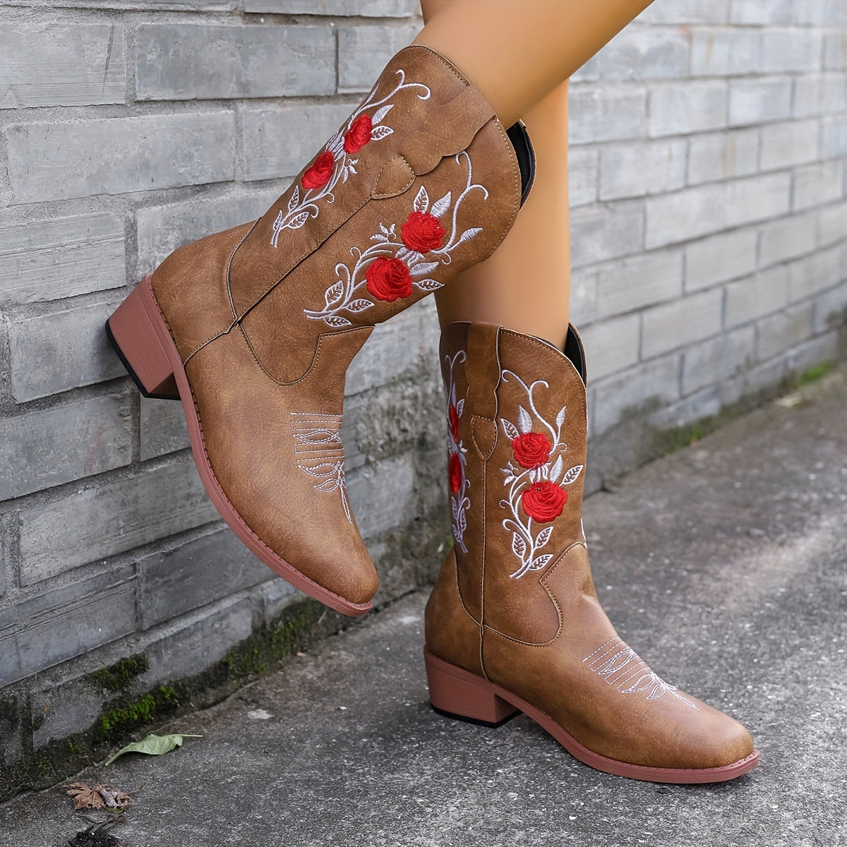 Women Embroidered Western Cowboy Boots Black Red Floral Mid-Calf Comfortable Slip-On