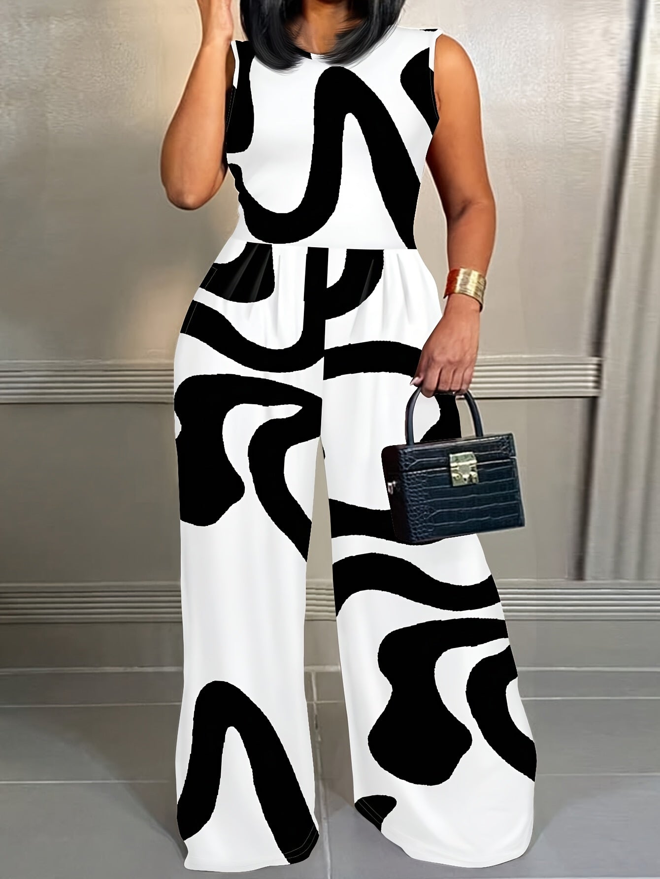 Plus Size Women's Geometric Print Sleeveless Jumpsuit Lightweight Stretchy Semi-Sheer Casual Long Pants