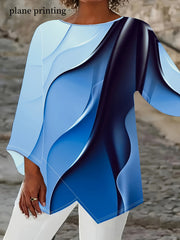 Plus Size Ombre Asymmetrical Hem T-Shirt with Crew Neck and Long Sleeves for Spring and Fall