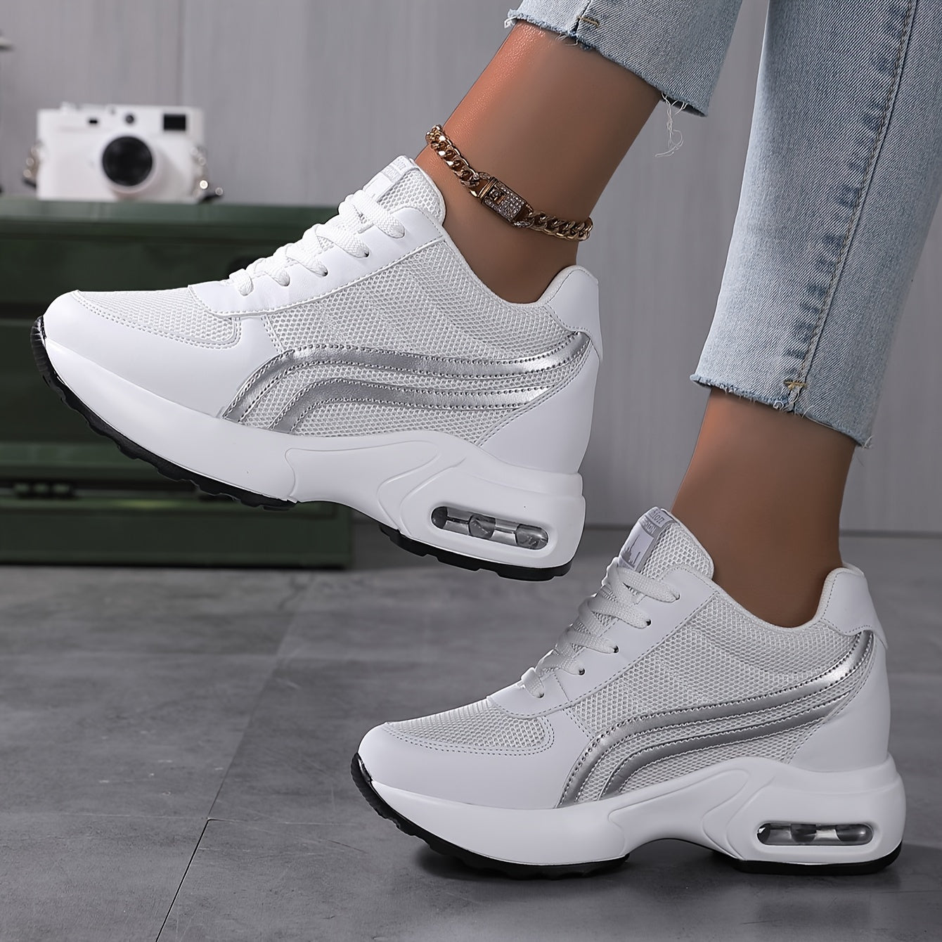 Women'S Mesh Casual Sneakers with Cushioned Air Sole, White, Low-Top, Comfortable Walking Shoes