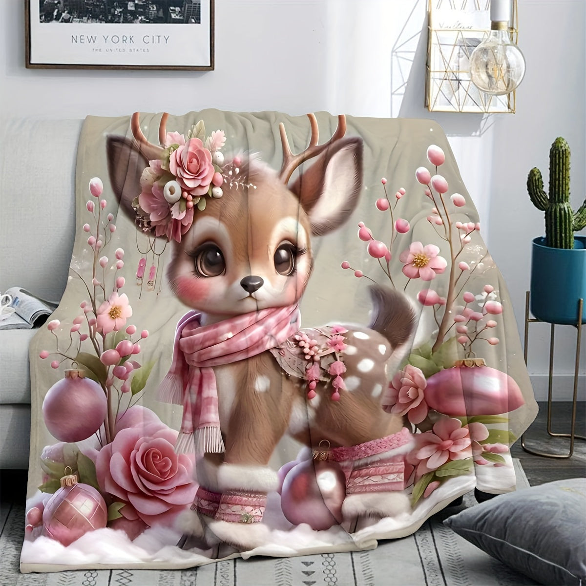 Deer Print Flannel Throw Blanket for Bed Couch Travel All-Season Cozy