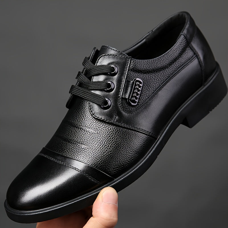 Men's Leather Derby Shoes with Slip-Resistant Rubber Sole and Round Toe