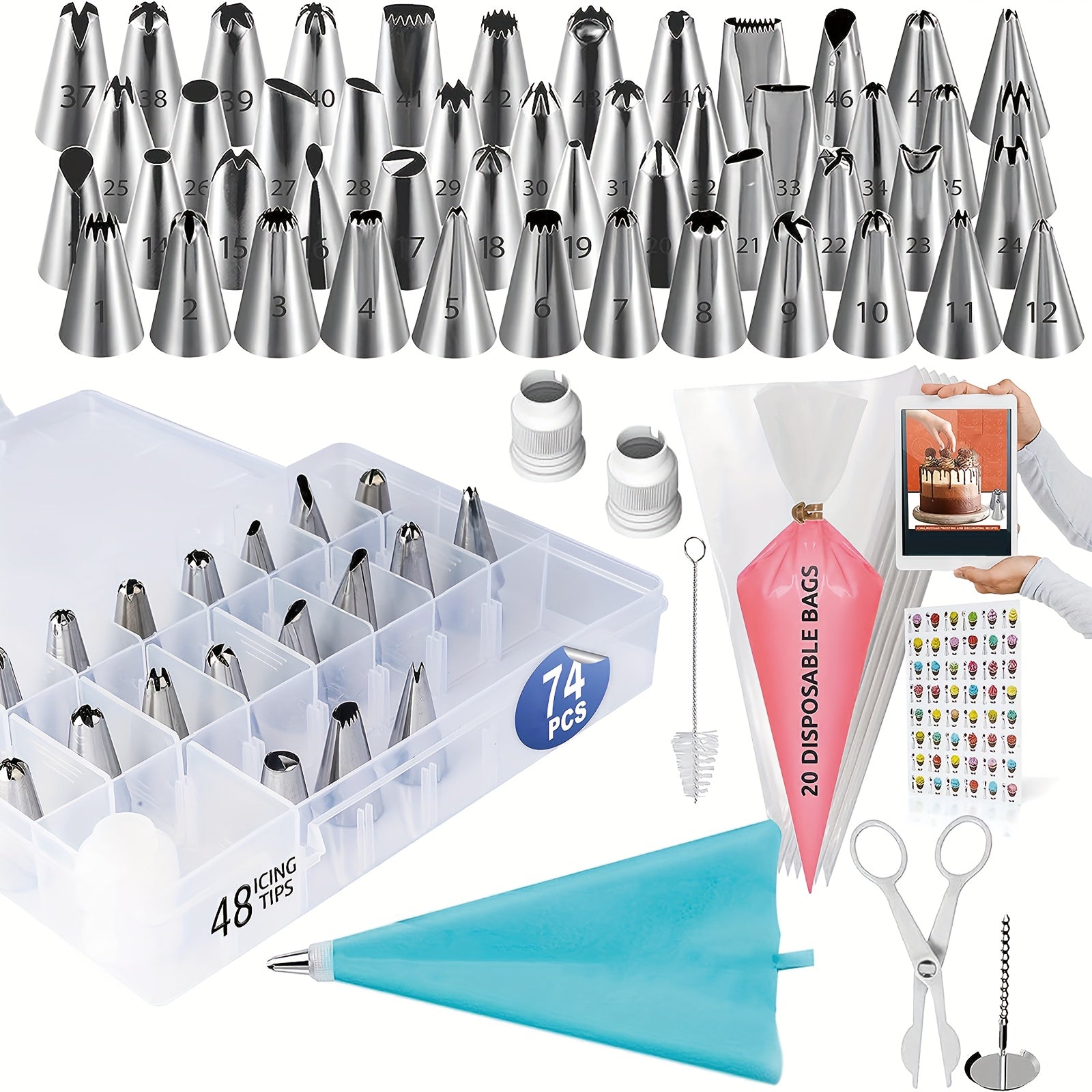 Cake Decorating Set with 74 Pieces, Stainless Steel Tips, Disposable Bags
