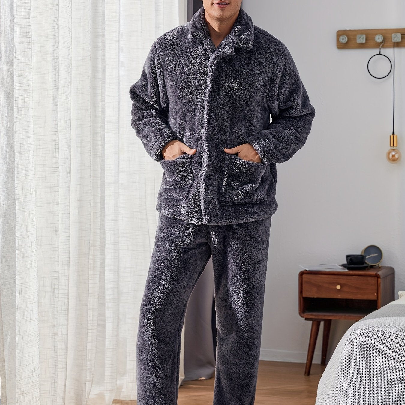 Men's Fleece Pajama Set Long Sleeve Pockets Solid Color Winter Casual