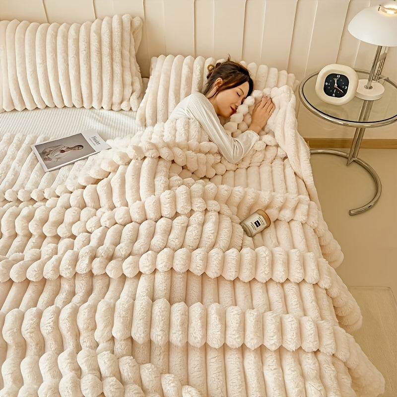 Cozy Champagne Plush Double-Layer Throw Blanket for Couch Bed and Travel