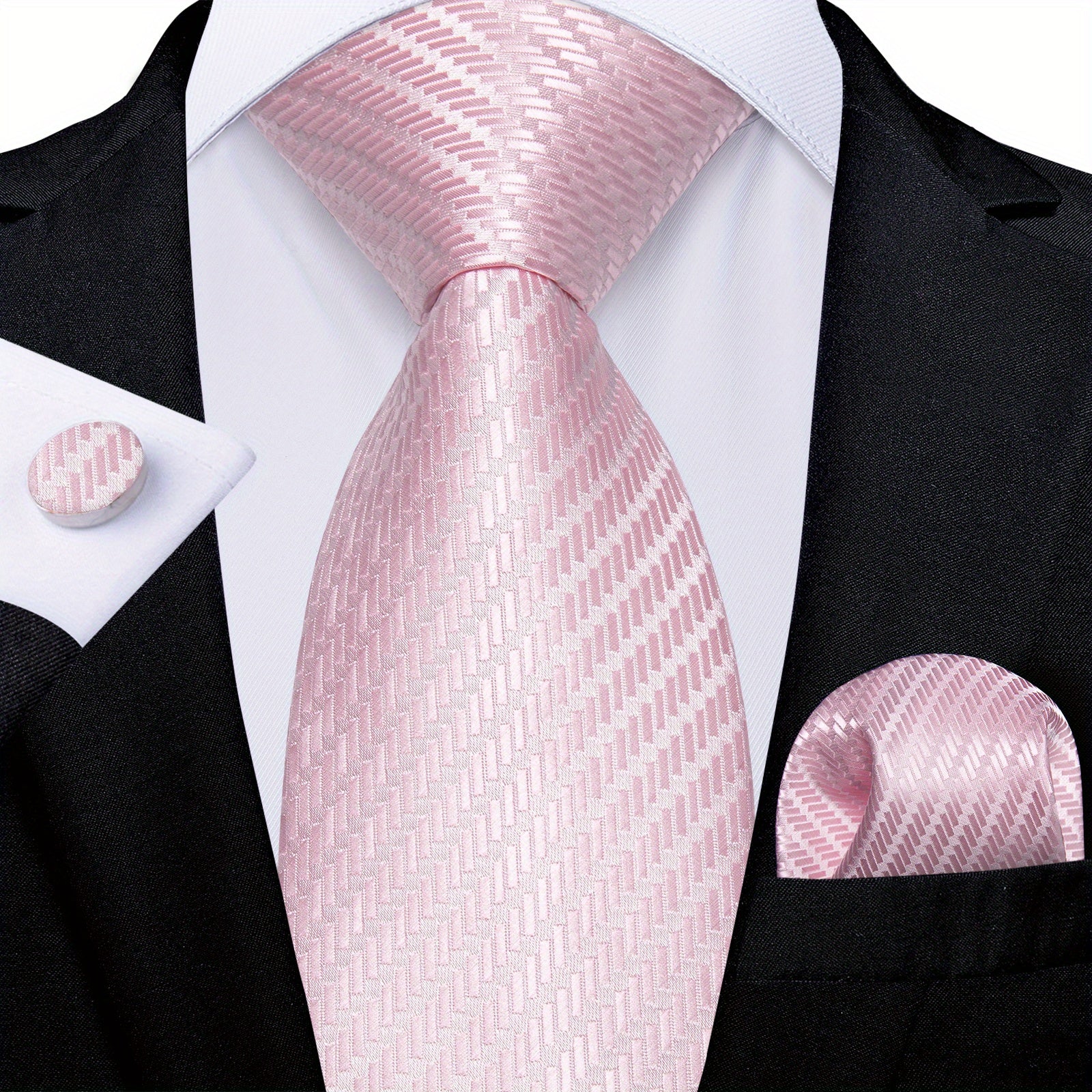 Stylish Men's Pink Patterned Tie Set with Pocket Square, Hanky, and Cufflinks - Perfect for Weddings or as a Gift