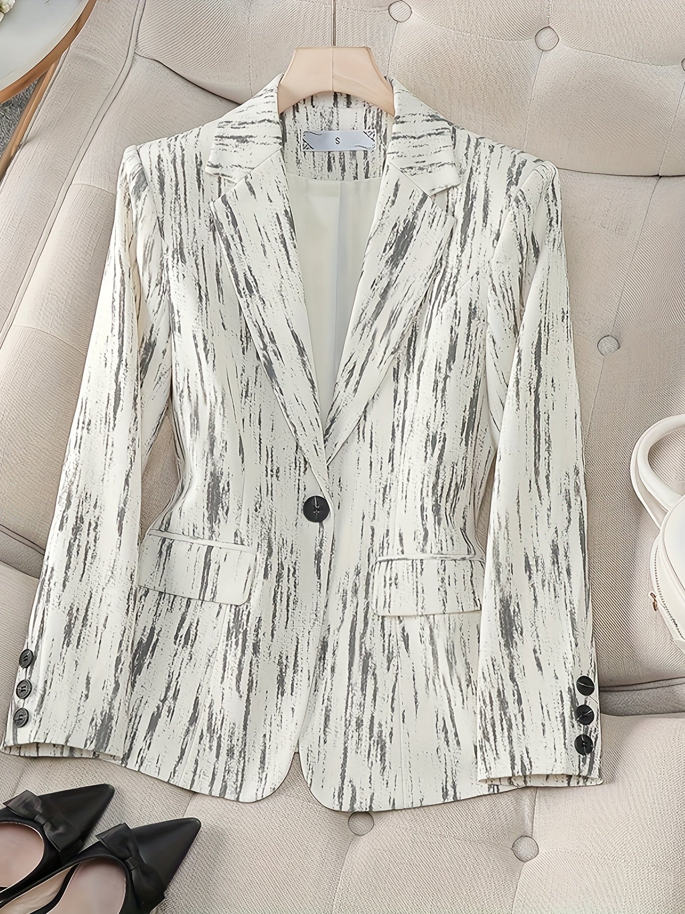 Women's H-Line Blazer Jacket Retro British Style Notched Lapel Button Washable