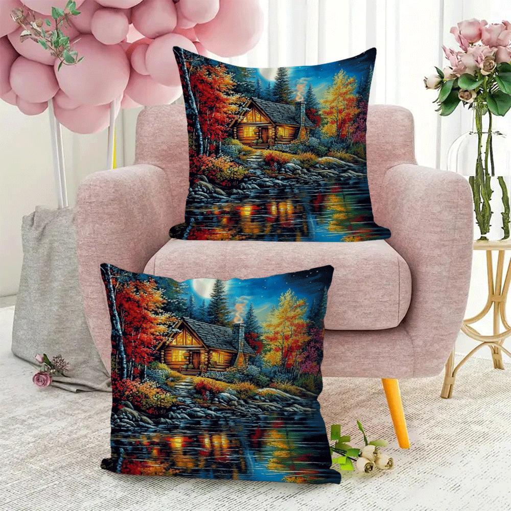 Set of 2 Flannel Pillow Cases 45.72x45.72 cm Lakeside Lodge Scenery Zippered Closure