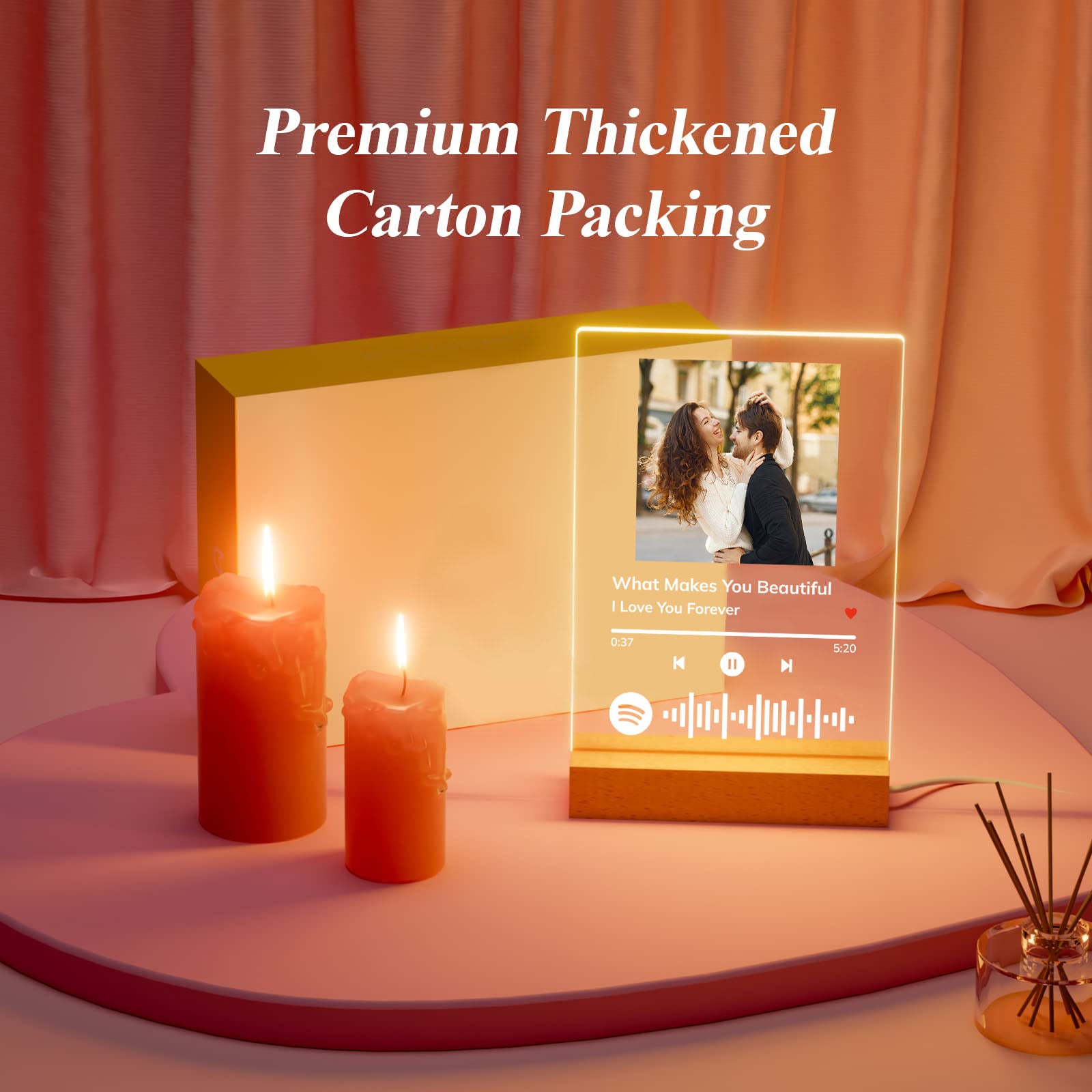 Custom Acrylic Night Light with Photo and Song Frame on USB-Powered Wooden Base