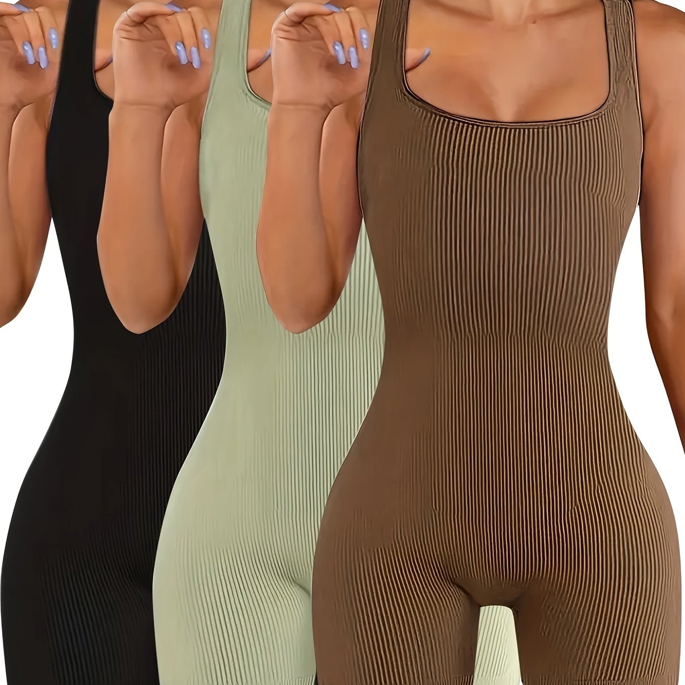 Women's Solid Ribbed Sleeveless Square Neck Lounge Romper Set with Slim Fit Polyester Spandex