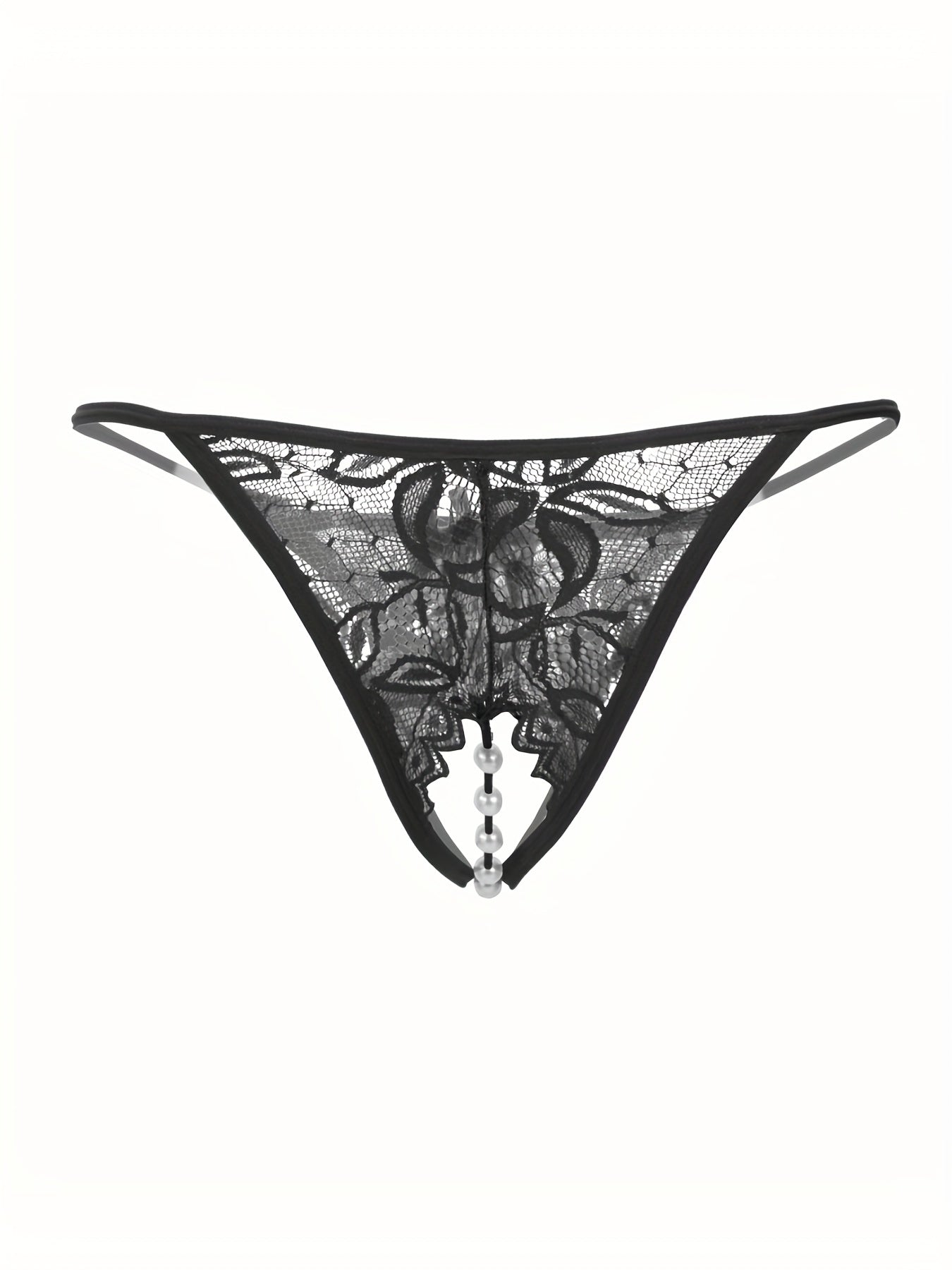 Women's Floral Lace Thongs with Faux Pearl Detail Open Crotch Sexy Lingerie
