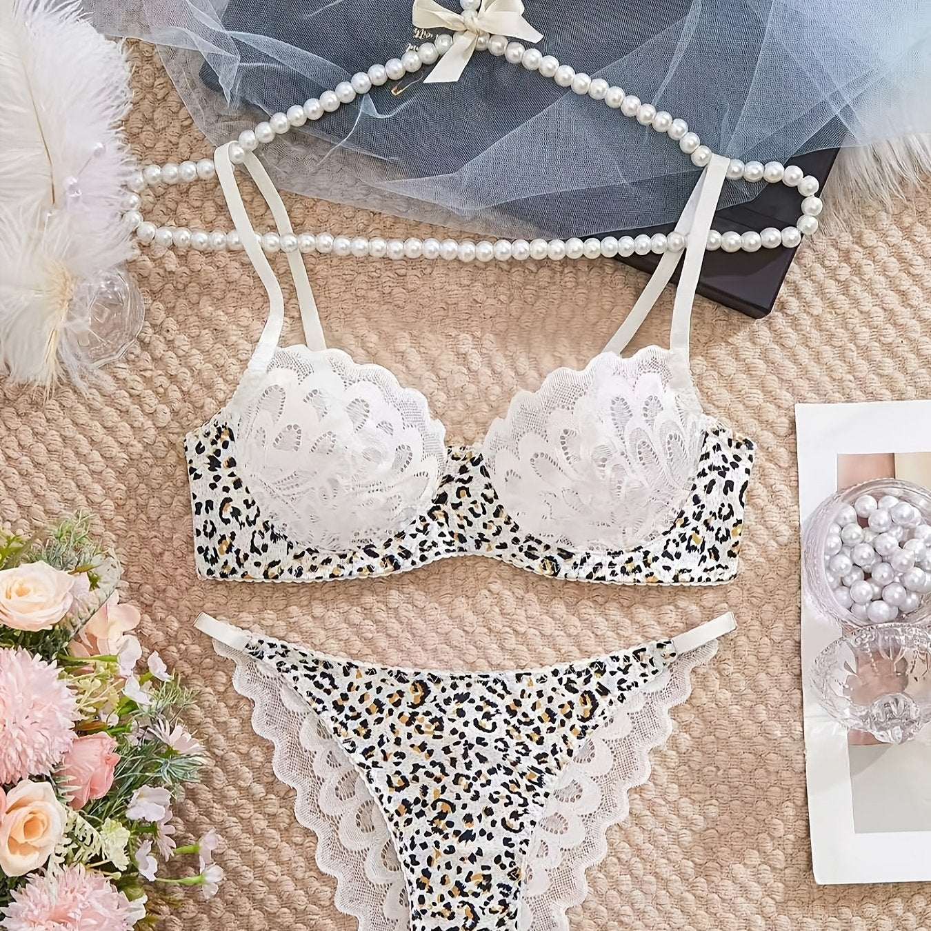 Leopard Print Lingerie Set with Floral Lace and Purple Underwear