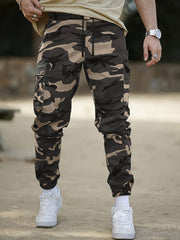 Men's Camo Cargo Pants Non-Stretch Polyester Drawstring Waist Flap Pockets Outdoor Work