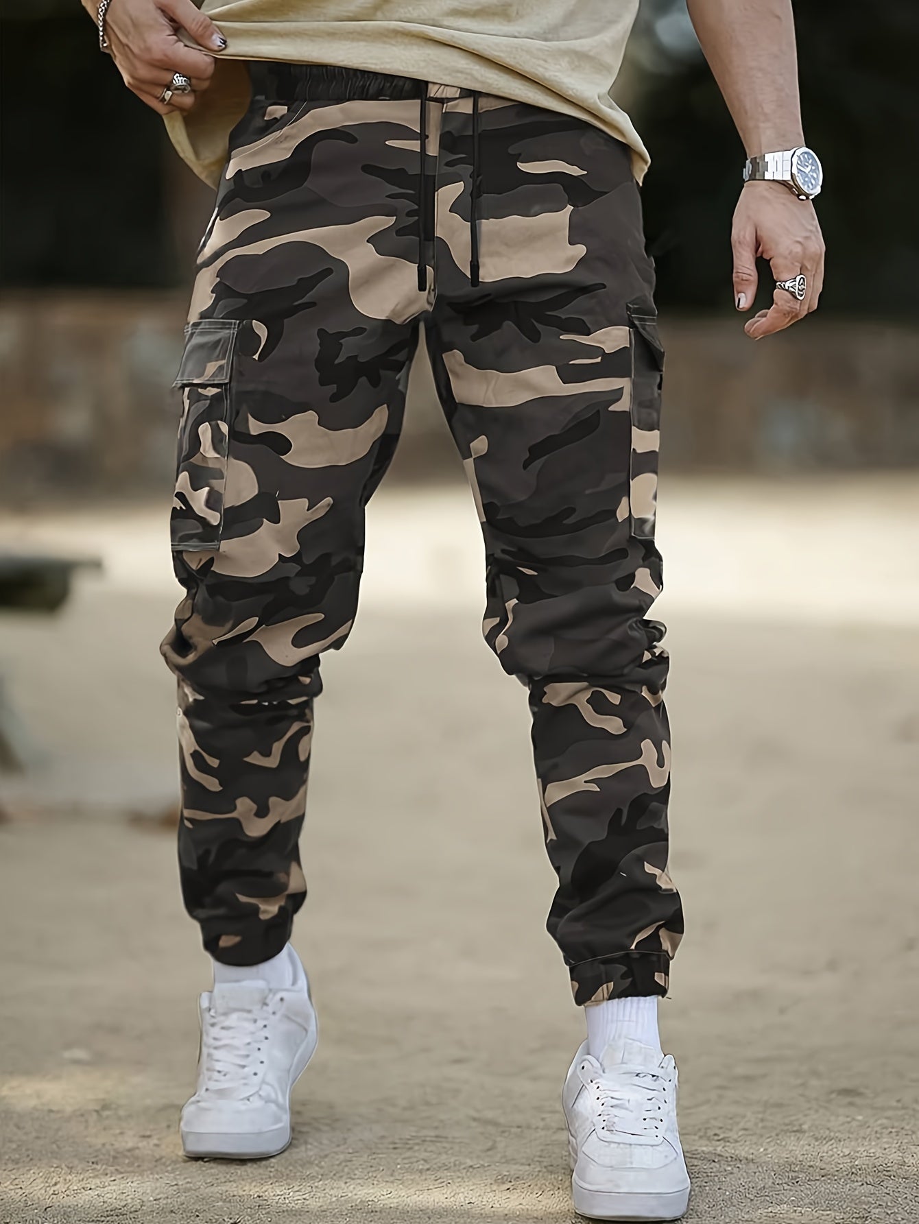 Men's Camo Cargo Pants Non-Stretch Polyester Drawstring Waist Flap Pockets Outdoor Work