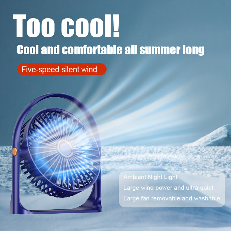 Ultra-quiet USB-C ish stoli ventilyatori, 5 tezlik, 360° burilish, kechki chiroq