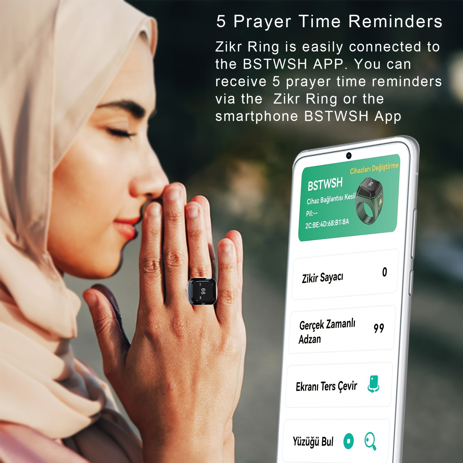 Black Smart Zikr Ring with 0.49 Inch Display Wireless Prayer Counter Compass and App Control