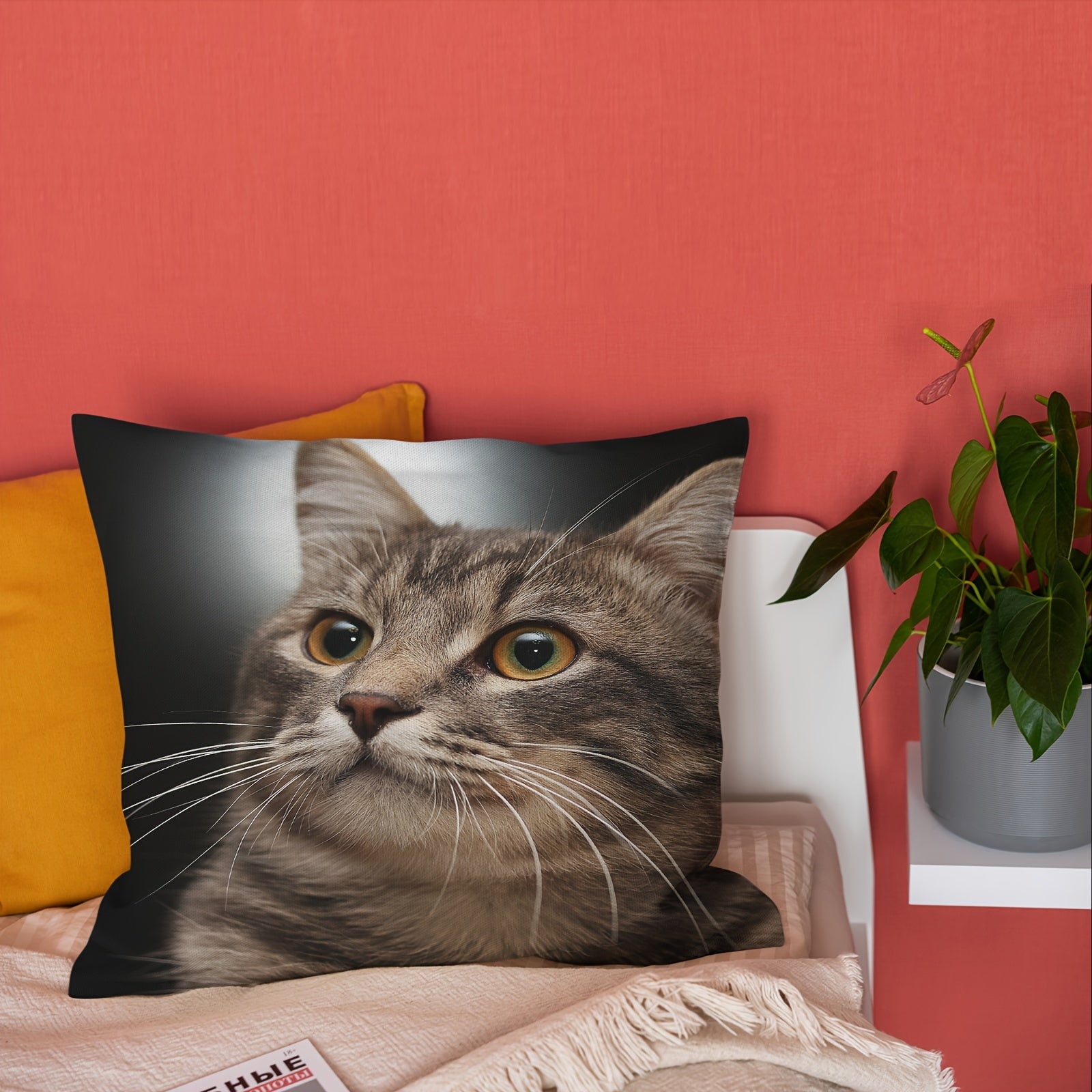 Cat Plush Pillow Cover 45.72x45.72 cm Zippered Machine Washable Short Plush Sofa Bedroom Decor