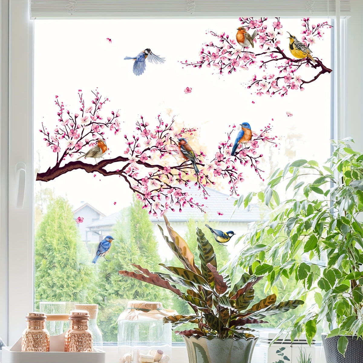 Dual-Sided Pink Floral Bird Glass Window Clings Reusable Decorative Stickers