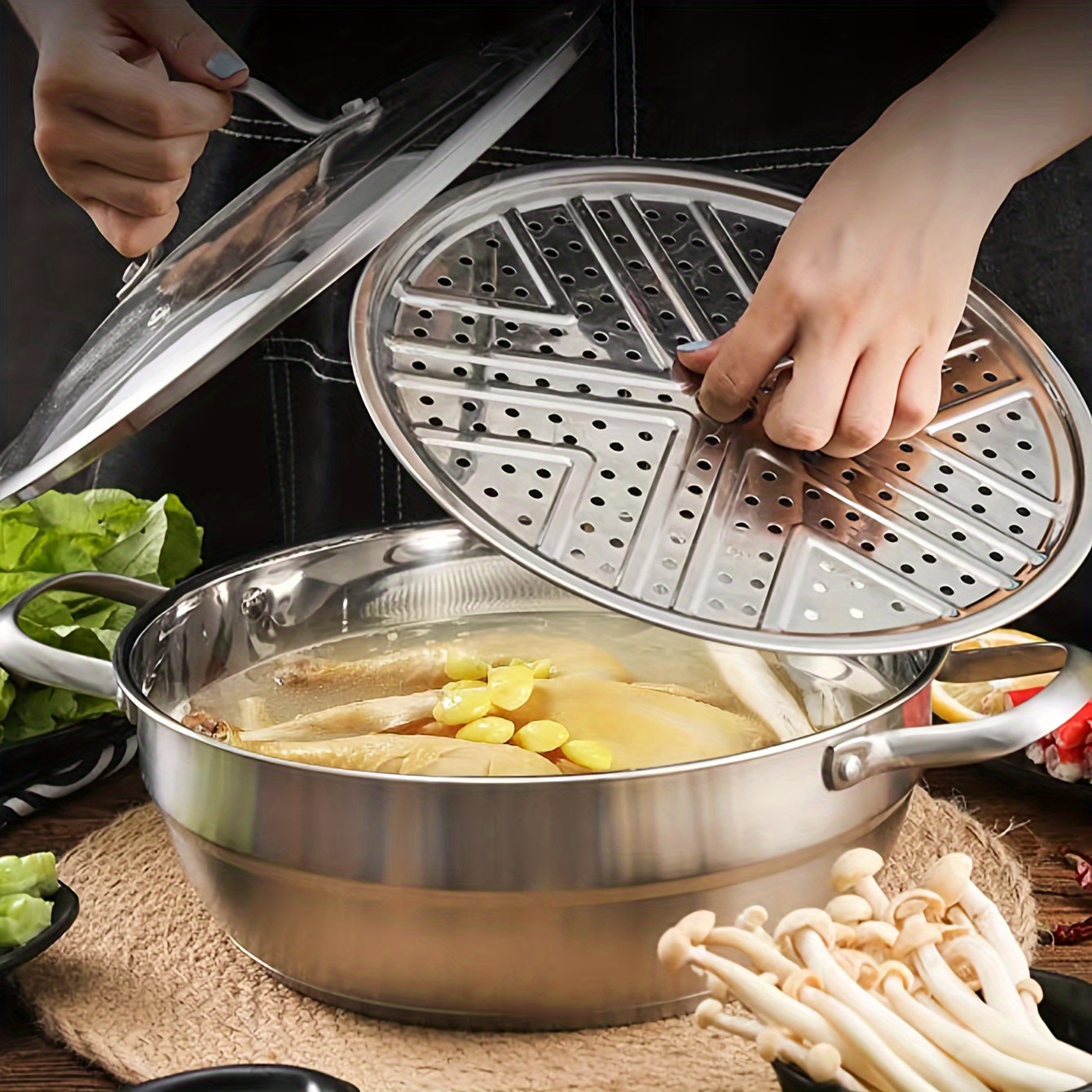Thickened Stainless Steel Steamer Pot with Glass Lid for Easy Cooking and Serving