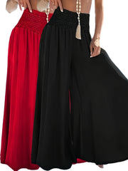 Plus Size Women's Wide Leg Pants Elastic Waist Shirred Solid Color Casual All-Season