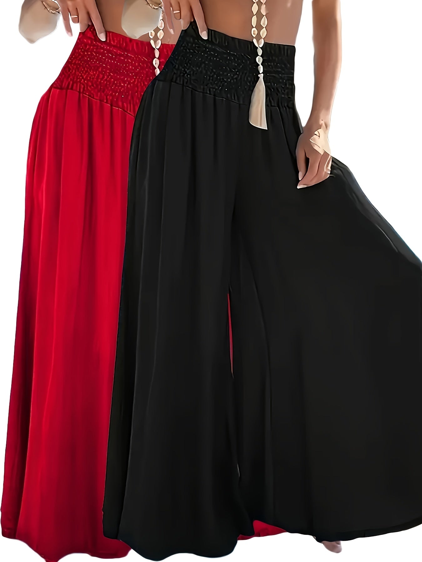 Plus Size Women's Wide Leg Pants Elastic Waist Shirred Solid Color Casual All-Season