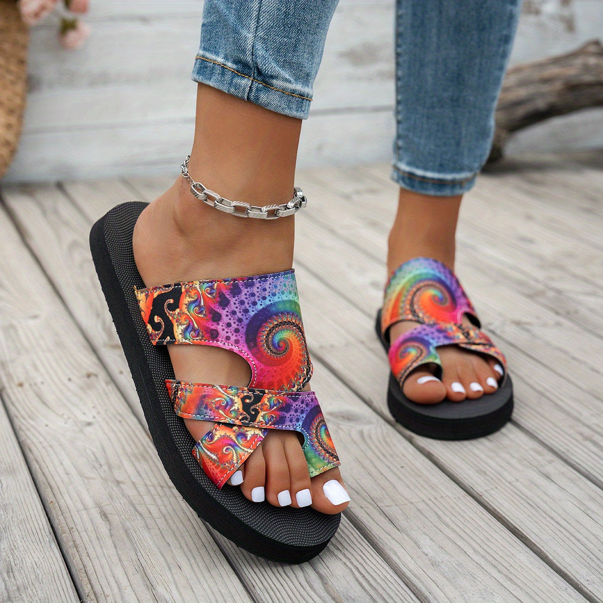 Women's Bohemian Checkered Mesh Slip-On Sandals Open-Toe Summer Footwear