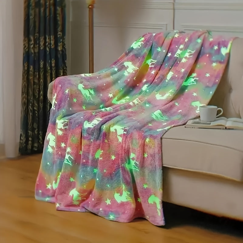 Kids Glow-in-the-Dark Fuzzy Throw Blanket with Stars and Unicorns