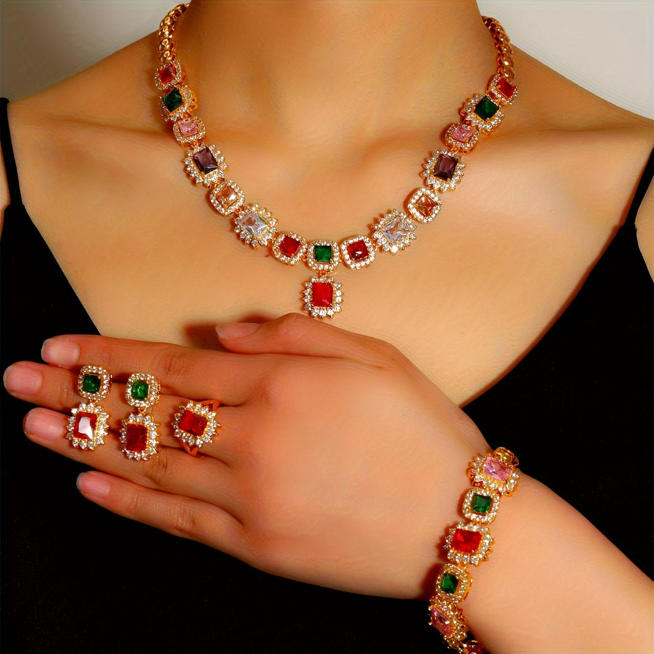 Vintage Gold Plated Jewelry Set with Multicolor Zirconia for Women Includes Necklace Bracelet Earrings Ring