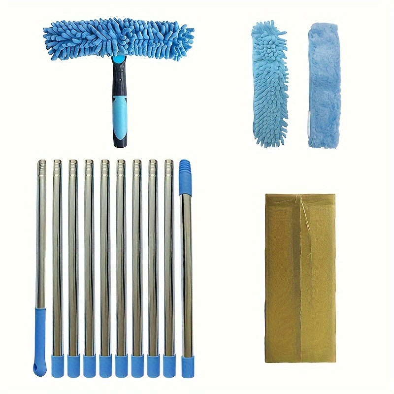 2in1 Window Cleaning Brush and Scraper Set with Telescopic Pole and Hard Bristle Brush