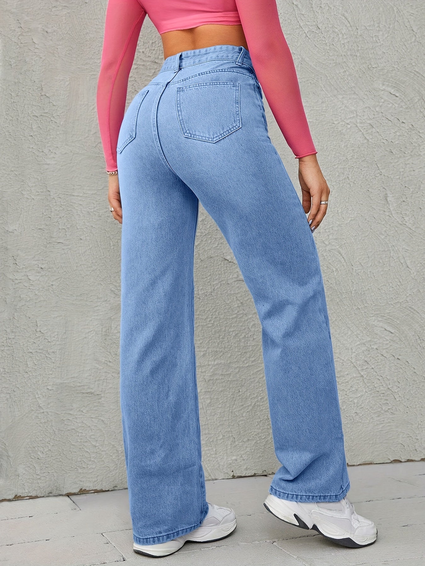 Women's High-Waisted Wide Leg Jeans Denim Long Solid Color Street Style