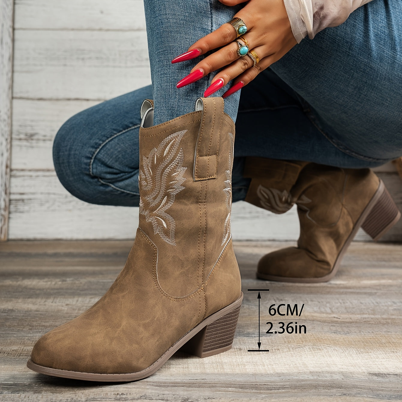 Women's Floral Ankle Boots Slip-On Mid-Heel Casual Faux Leather All-Season