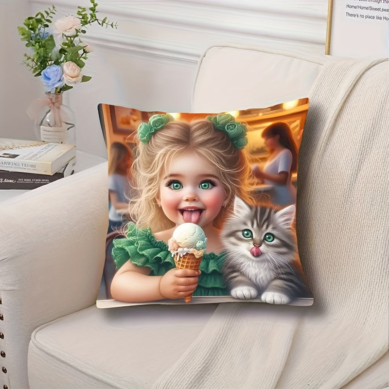 Girl and Kitten Print Plush Pillowcase 44.96cm Decorative Pillow for Home Decor