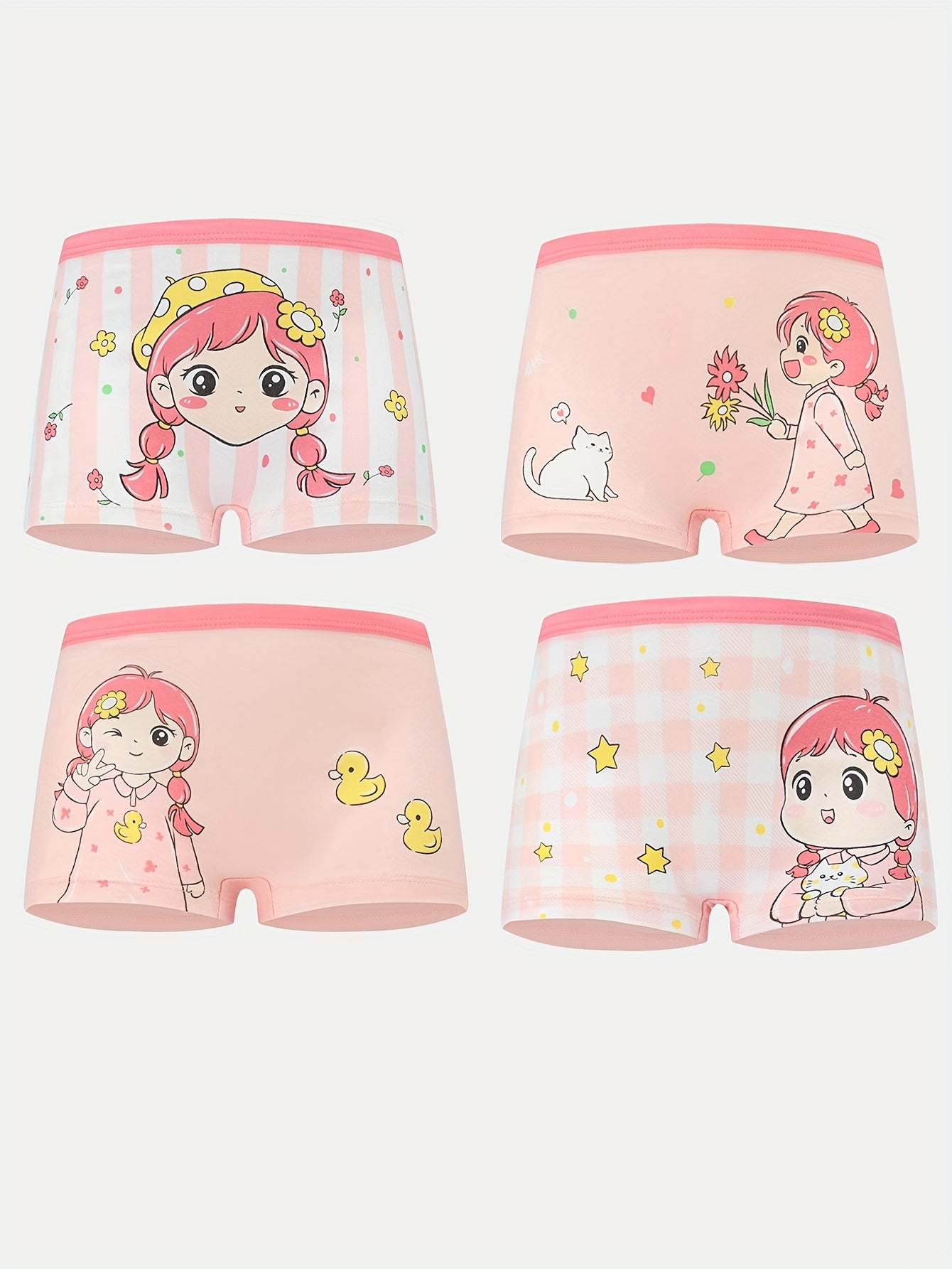 Girls Cotton Boxer Briefs 4 Pack with Cartoon Pattern Flat Leg Underwear