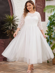Plus Size Wedding Dress with Lace Trim A-Line Gown Long Sleeve Tulle Overlay