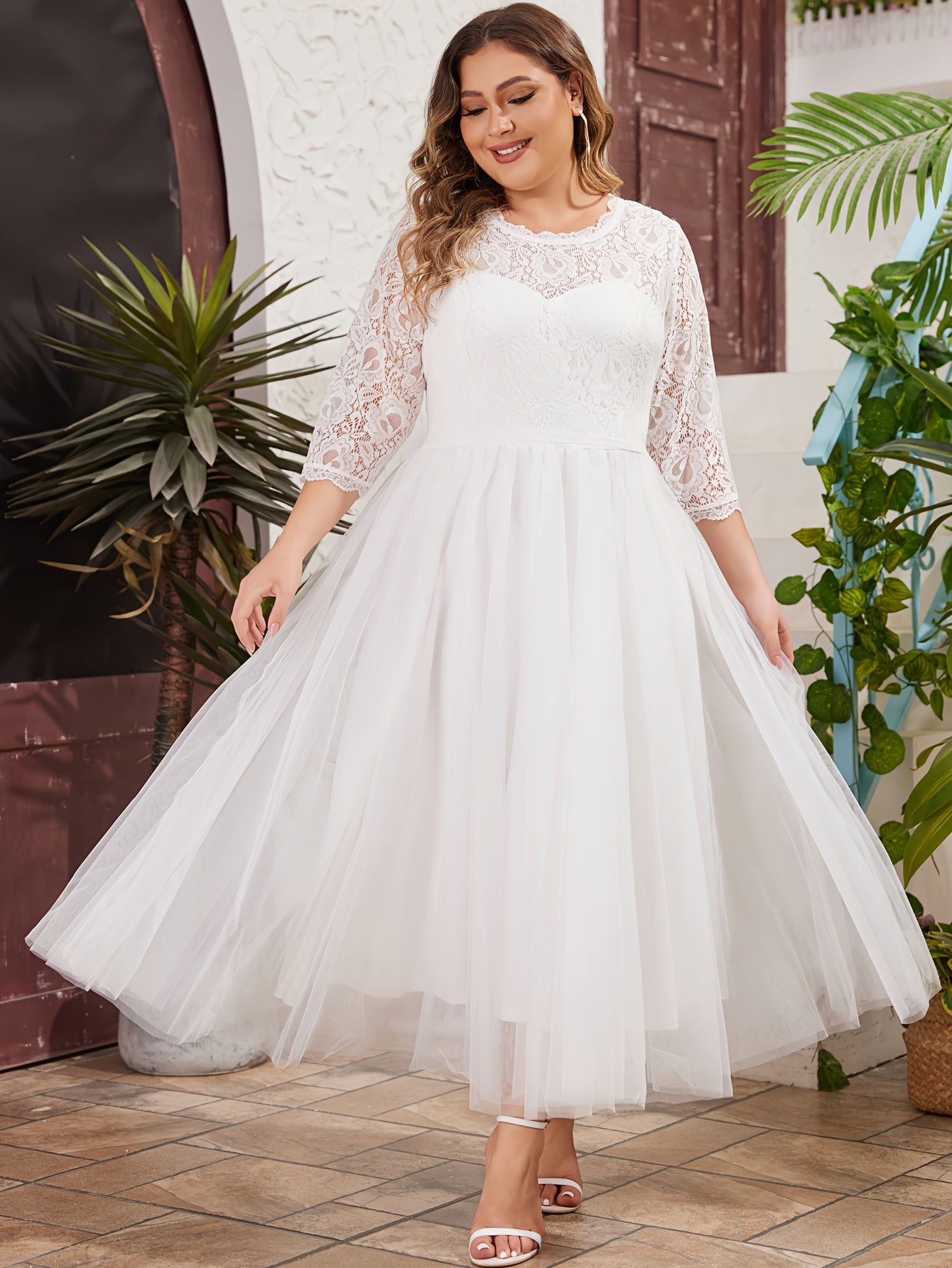 Plus Size Wedding Dress with Lace Trim A-Line Gown Long Sleeve Tulle Overlay