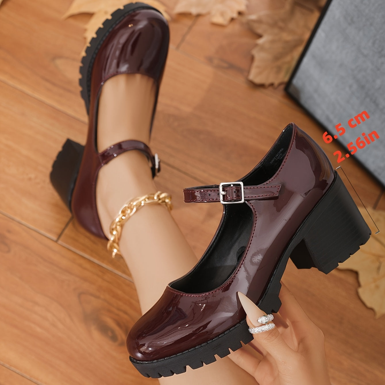 Women's Solid Color Chunky Heels Dress Pumps with Buckle Strap