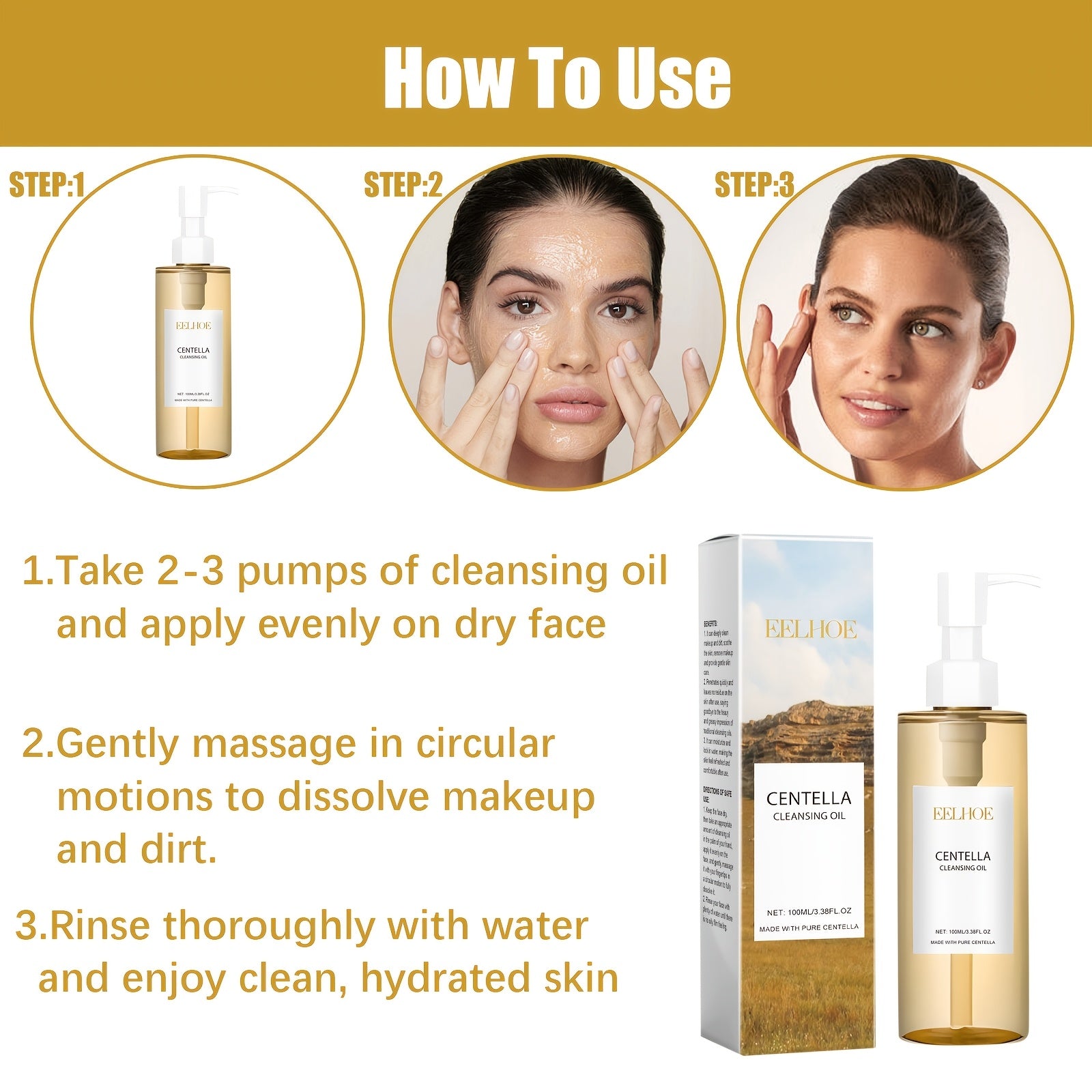 EELHOE Centella Yuqoriga Olish Yuz Tozalash Moyi - Hamma teri turlari, shu jumladan sezgir teri uchun oziqlantiruvchi ingredientlar bilan yumshoq makiyaj olib tashlovchi. Silliq qadoqlash.