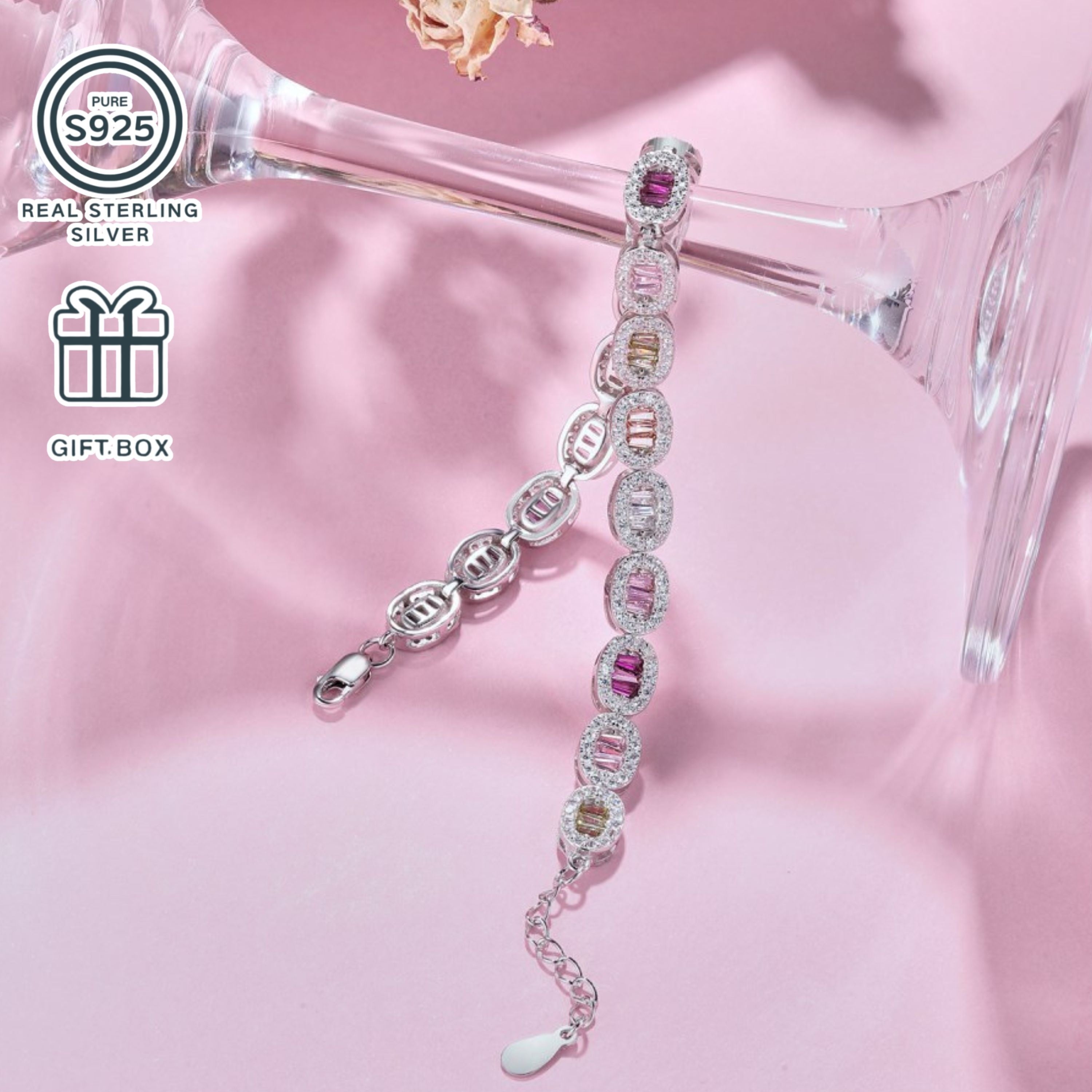 Sterling Silver Bracelet for Women with Synthetic Zirconia Rhodium Plated Elegant Jewelry