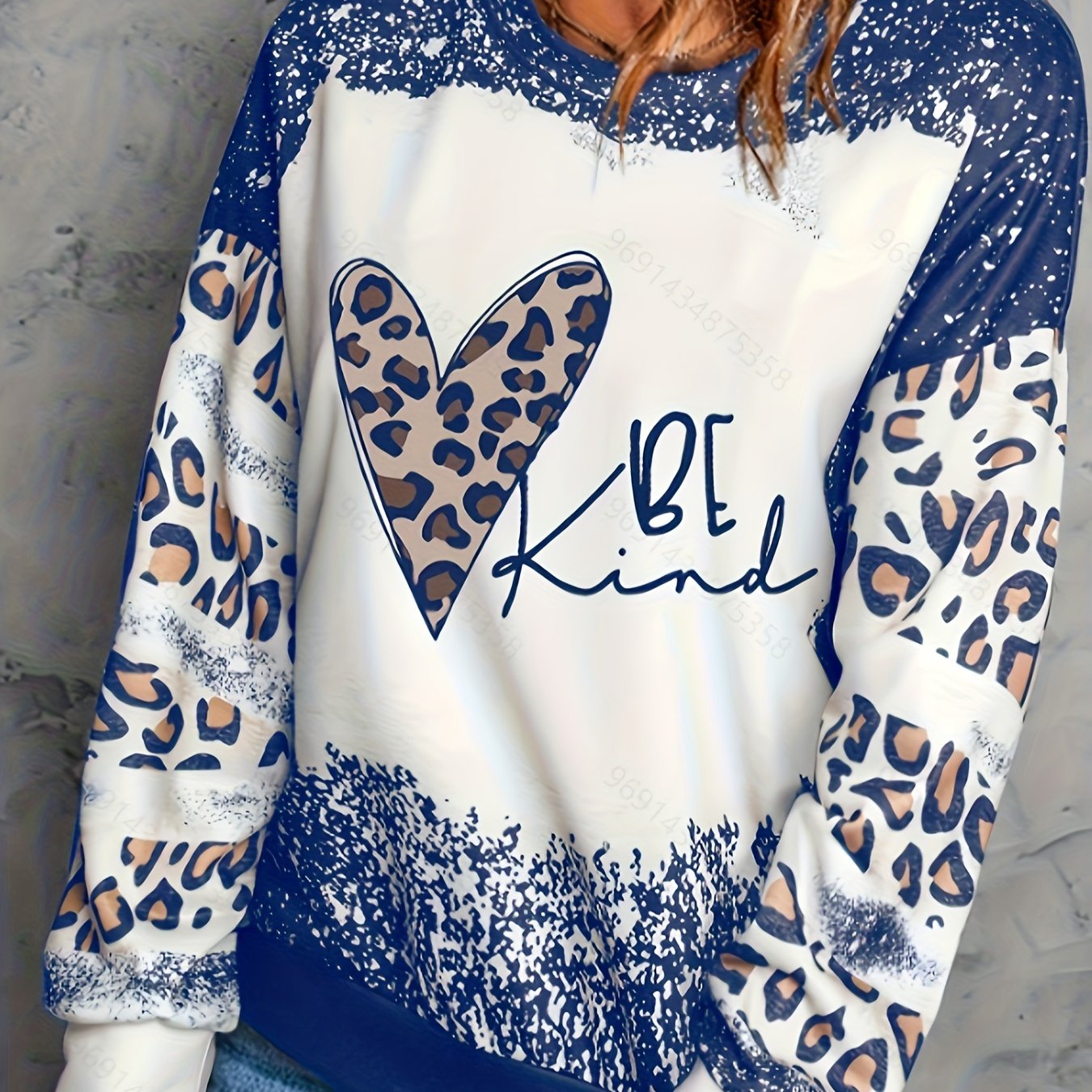 Plus Size Women's Cotton Leopard Heart Slogan Crew Neck Sweatshirt