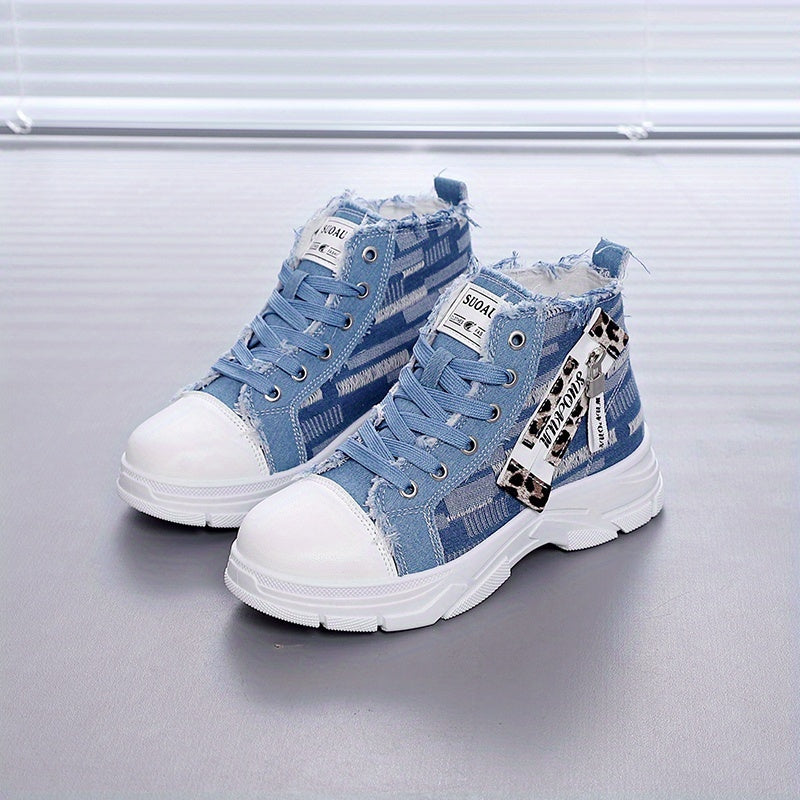 Women's Large Size Mid-Top Sneakers Retro Vintage Jeans-Like Flat Cushioned Sole