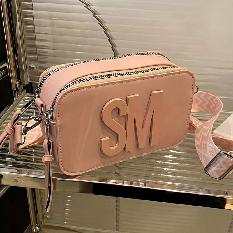 Women's Quilted Monogram Camera Bag in Black Beige Pink Khaki with Zipper Closure