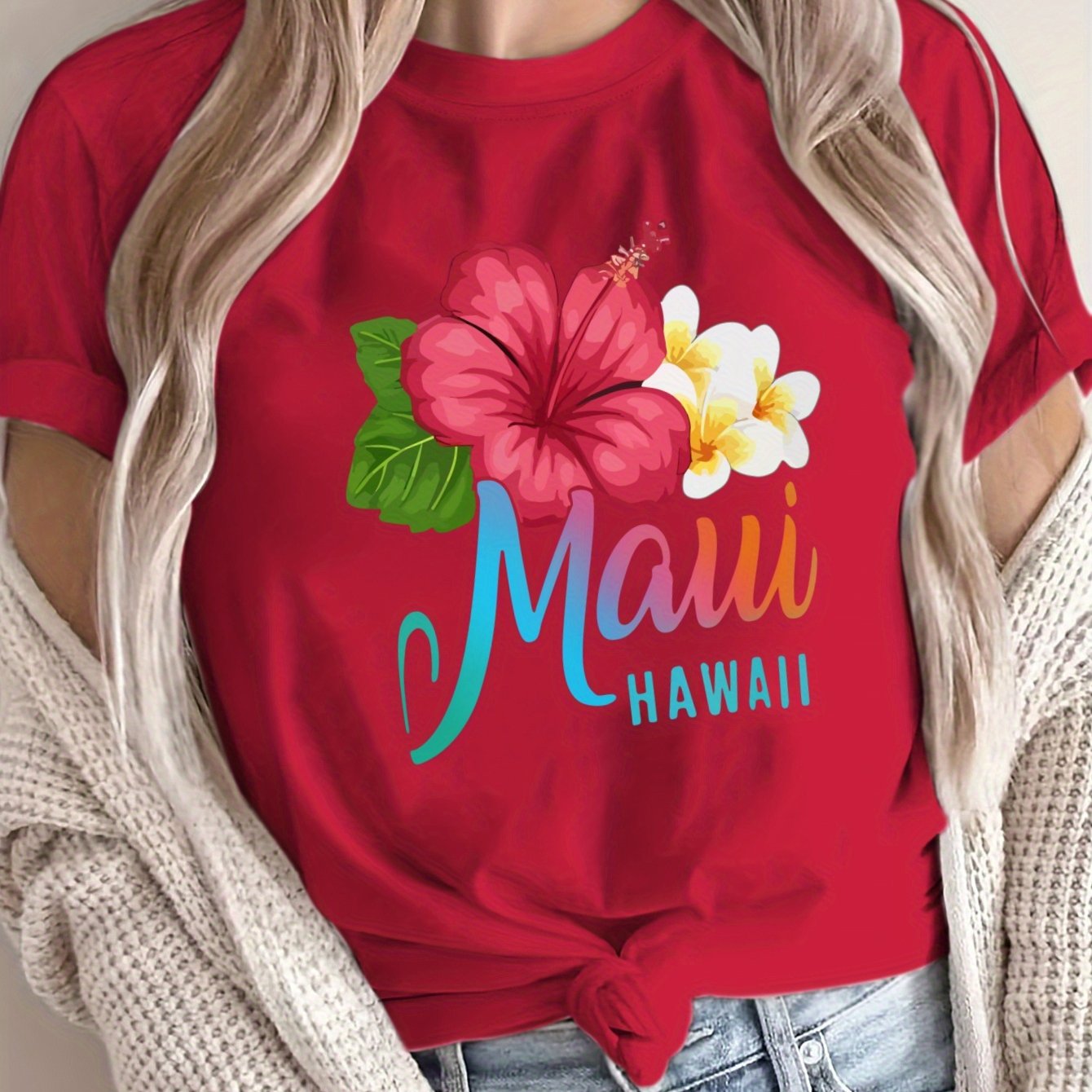 Women's Plus Size Loose Fit Hibiscus Floral T-Shirt Polyester Breathable Summer