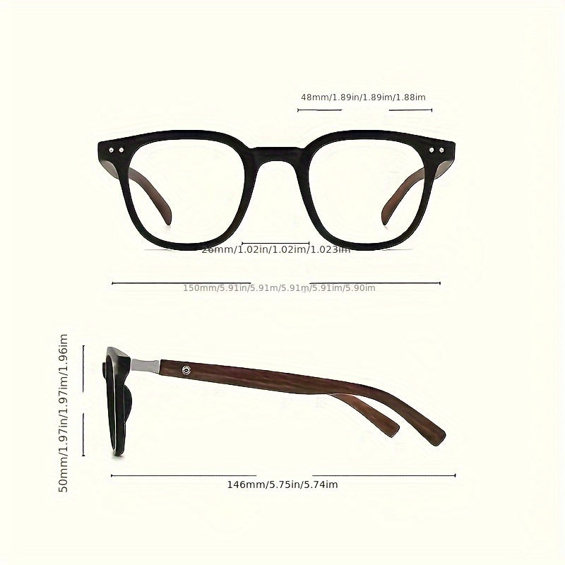 Gafas de marco cuadrado retro con detalles de madera, lentes de plástico antirreflejos