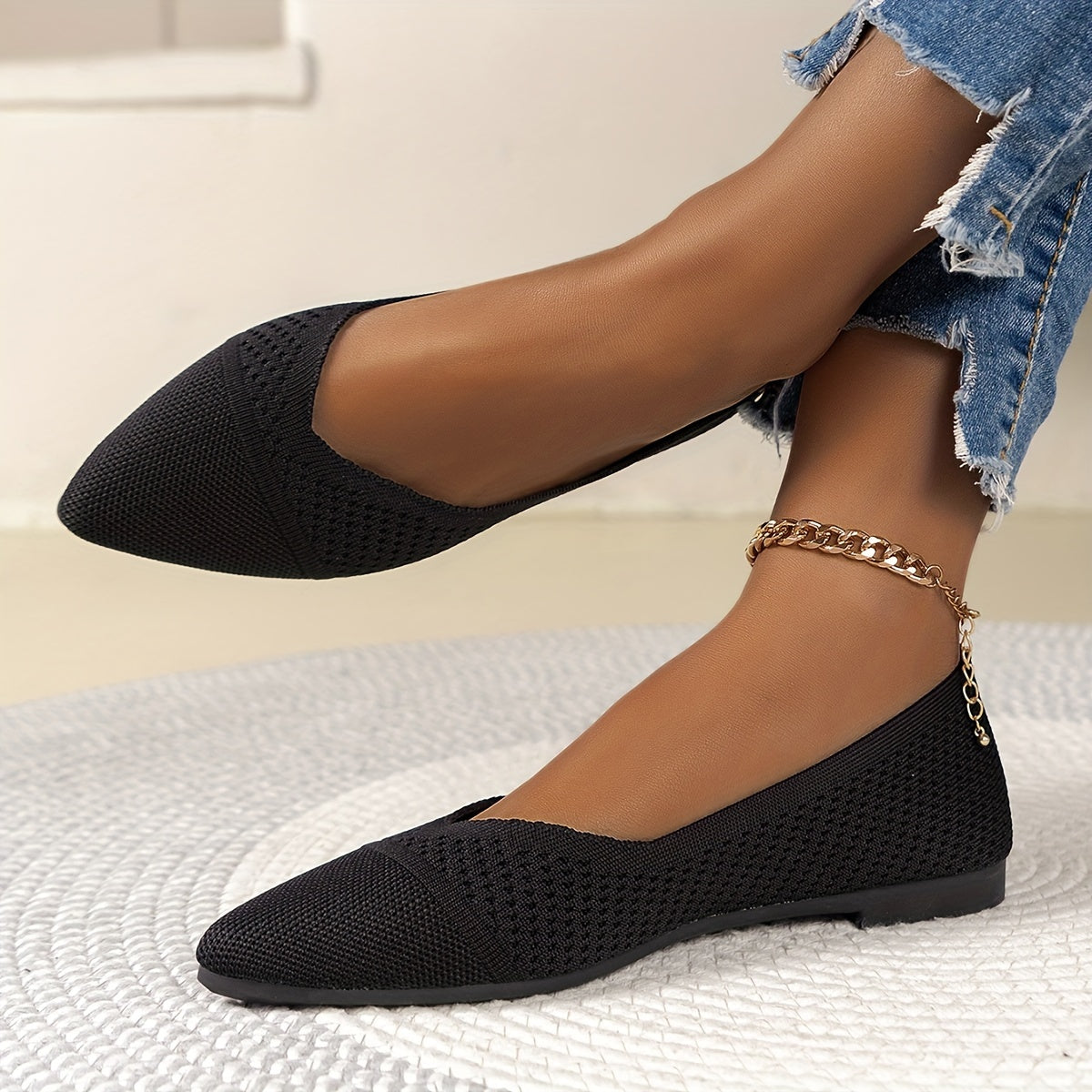 Women's Flat Knit Shoes Casual Pointed Toe Breathable Slip-On Ballet
